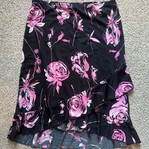 Black & Pink Floral Ruffle Hem Skirt